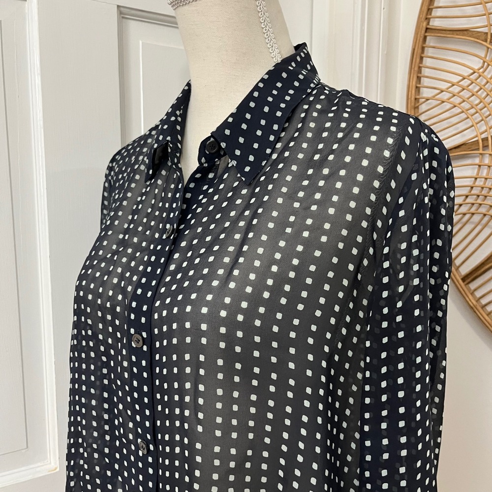 Theory Silk Chiffon Sunaya Sheer Square Print Blouse M Chic Career Luxury